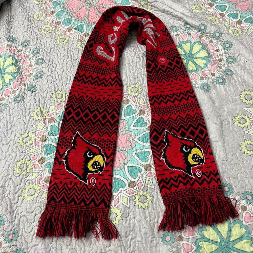 Louisville Cardinals Scarf Red Black Knit Fair Isle Logo Metallic Silver Fanwear